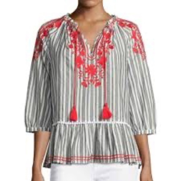 KATE SPADE BROOME STREET Striped Embroidered Peasant Top Blouse Black White XS - Picture 8 of 9